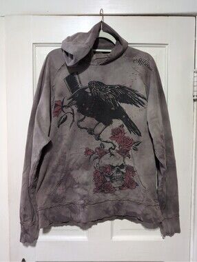 Vtg Affliction Gothic Raven Skull Pullover Hoodie Distressed Men's L(1605)F